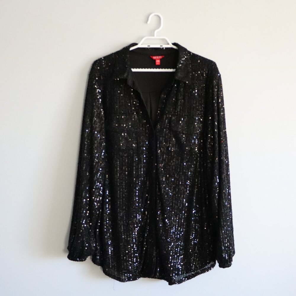 Guess Women's Sz Lrg Black Sequin V-Neck Collared Buttoned‎ Stretch Mini Dress